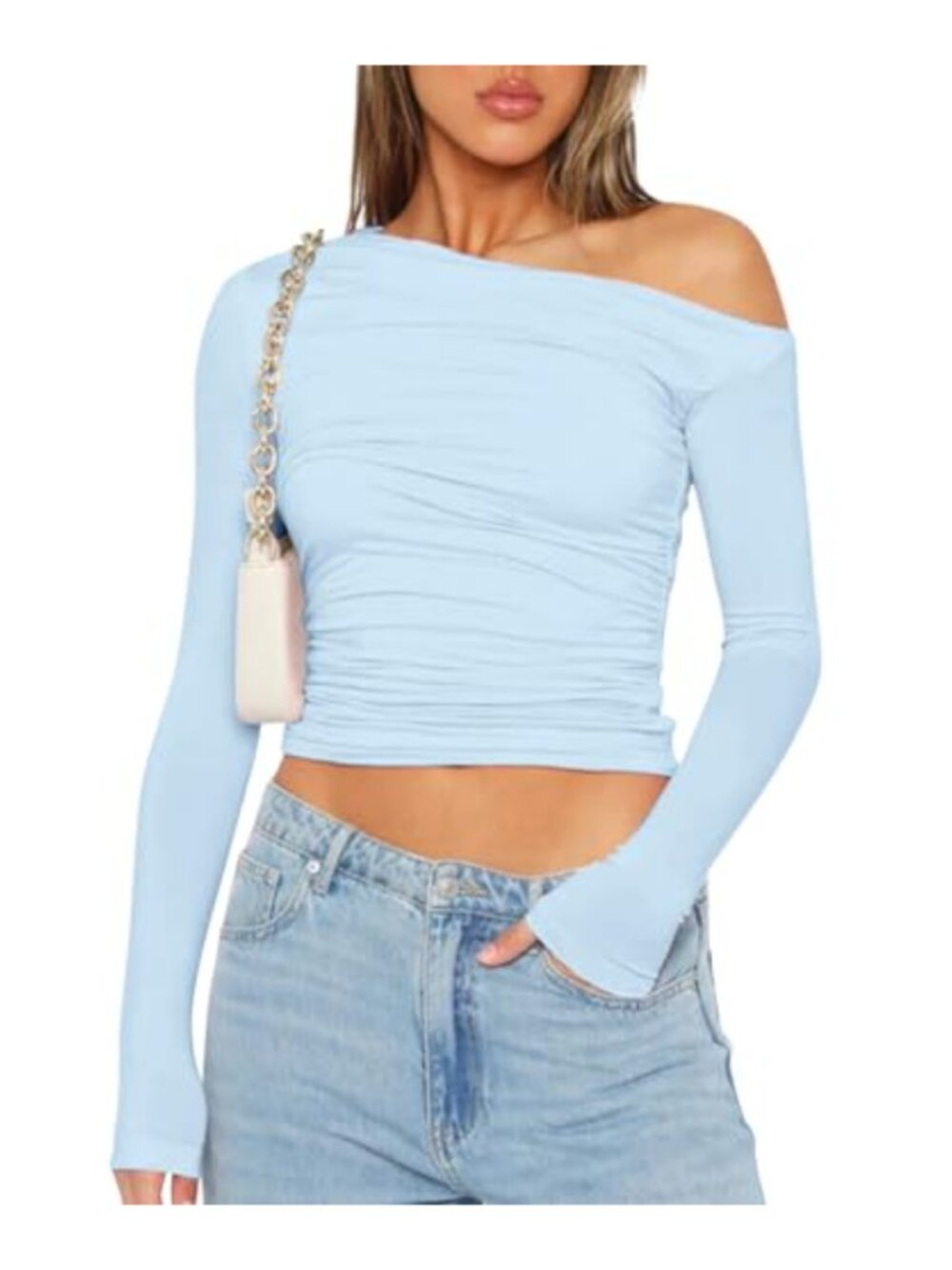Women's Off Shoulder Crop Top Long Sleeve Ruched Slim Fit Y2K Going Out Tee